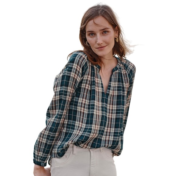 Garnet Hill Teal Gauze Organic-Cotton Plaid Popover Blouse Women Medium NWT - Picture 3 of 11